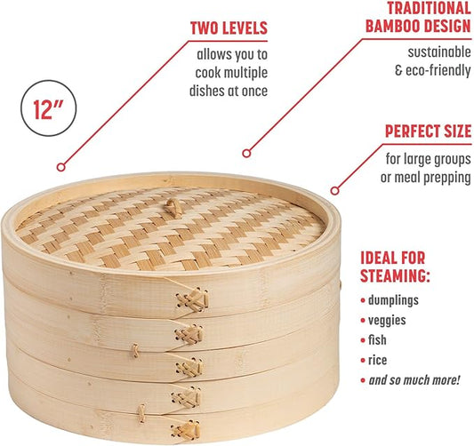 Joyce Chen 2-Tier Bamboo Steamer Baskets, 12-Inch