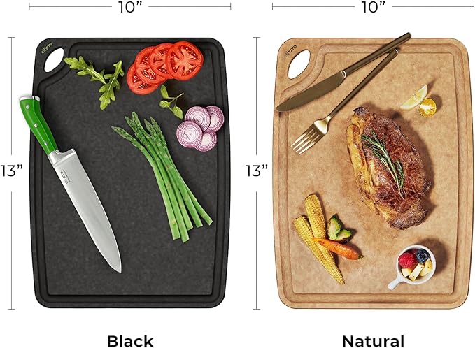 Elihome Classic Series Cutting Boards Set of 2, Natural Wood Fiber Composite, Dishwasher Safe, Eco-Friendly, Juice Grooves, Non-Porous, Made in USA, Medium (10"x 13") Natural and Black color