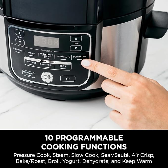 Ninja 10-in-1 5-Qt Pressure Cooker & Air Fryer Multi-Cooker, Steam, Bake/Roast, Broil, Slow Cook, Sear/Sauté & Dehydrate, Nonstick Pot, Stainless Steel, TenderCrisp Lid, Easy Clean