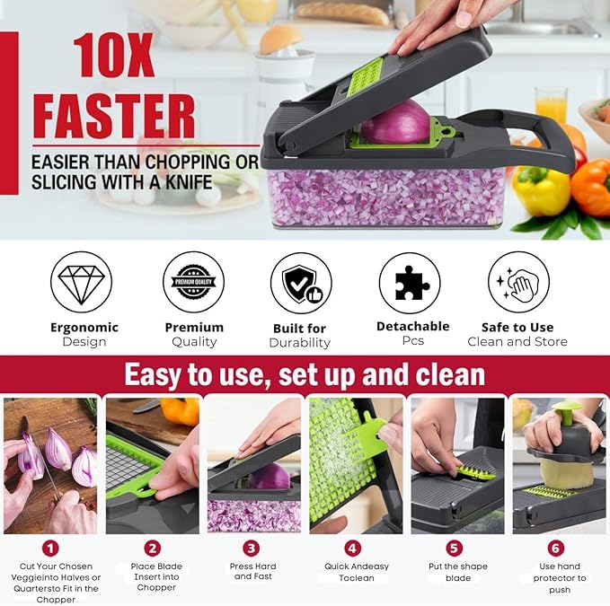 Vegetable Chopper,16-in-1 Multifunctional use for - Onion Chopper, Mandoline Slicer, Veggie Cutter with 8 Blades,Food Slicer, Dicer,Vegetable Cutter & Draining Basket Grater With Container