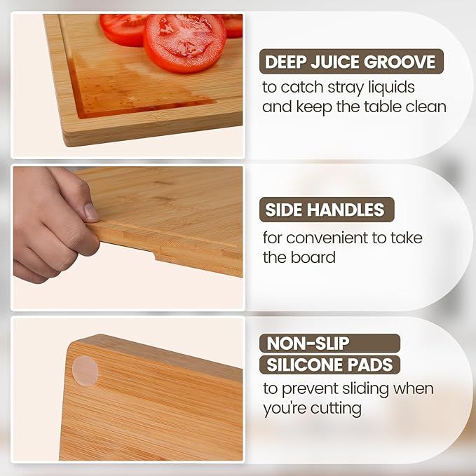 Kikcoin Bamboo Cutting Boards for Kitchen, 2XLarge Wood Cutting Board with Rotating Kickstand & Juice Groove, Wooden Chopping Board for Meats Veges Fruits, Heavy Duty Serving Tray, 20 x 14 inch