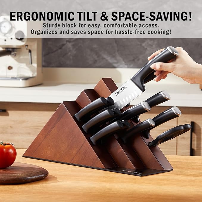KINGSTONE 14-Piece Knife Block Set, Precision-Honed High-Carbon Stainless Steel Knives with Long-Lasting Sharpness, Ergonomic Balanced Handles for Home & Serious Cooks, Walnut
