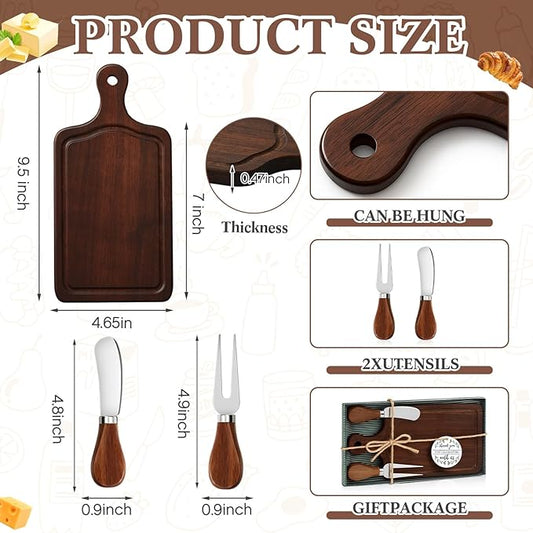 Ziliny 1 Set Bridal Baby Shower Cheese Prizes Wooden Square Board Gift Set Knives Forks Thank You Tags with Box for Guests for Valentines Bridal Baby Shower Housewarming (Walnut Wood)