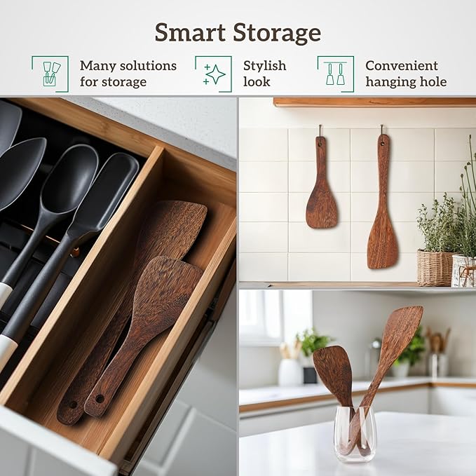 Wooden Cooking Spatula Set (2-Pack), Natural Wenge Wood Spatulas for Non-Stick Pans, Heat-Resistant Kitchen Turners for Frying, Wok & Flipping, Ideal Cookware Utensils for Cooking Eggs, Fish, Pancakes
