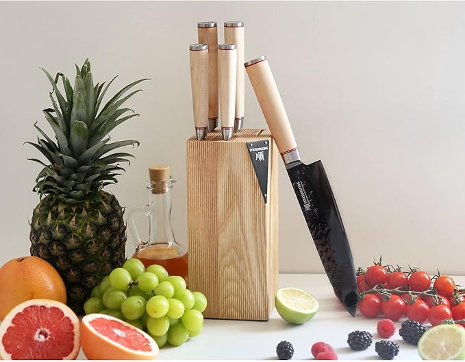 YOUSUNLONG Knife Block Sets - 5 Piece Chef Knife Set - Japanese AUS8 Steel Black Titanium - Natural Fraxinus Americana Wood Knife Holder - Canadian Maple Wood Handle - With Gift Box