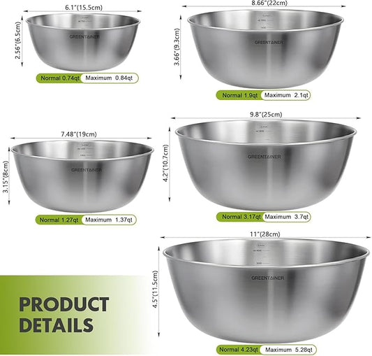 Greentainer 5-Piece Stainless Steel Mixing Bowls Set for Kitchen, Nesting Bowls for Mixing, Baking, Prepping, Cooking and Serving Food, Metal Mixing Bowls Dishwasher Safe