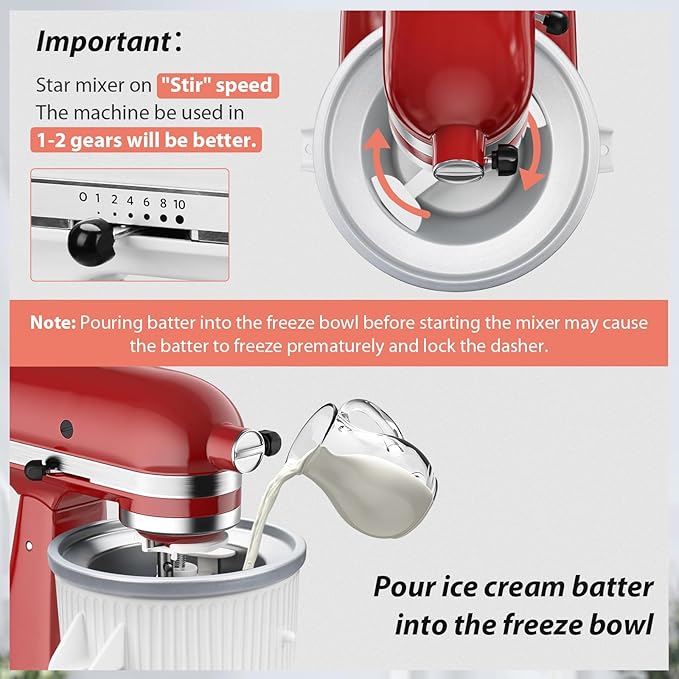 Ice Cream Maker Attachment for KitchenAid Stand Mixer, Ice Cream Bowl Compatible with 4.5Qt and Larger Stand Mixers, Frozen Yogurt Ice Cream & Sorbet Gelato Maker Attachment, 2 Quart, White