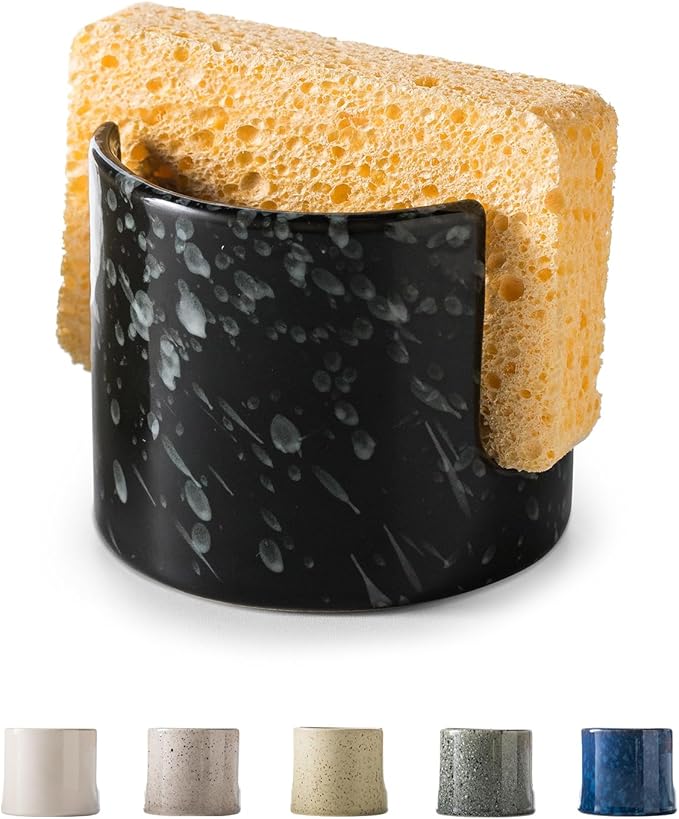 Sponge Holder for Kitchen, Ceramic Sink Scrub Sponge Rack Dish Rack Scrubbers Holder for Kitchen Sink, Bathroom, Black