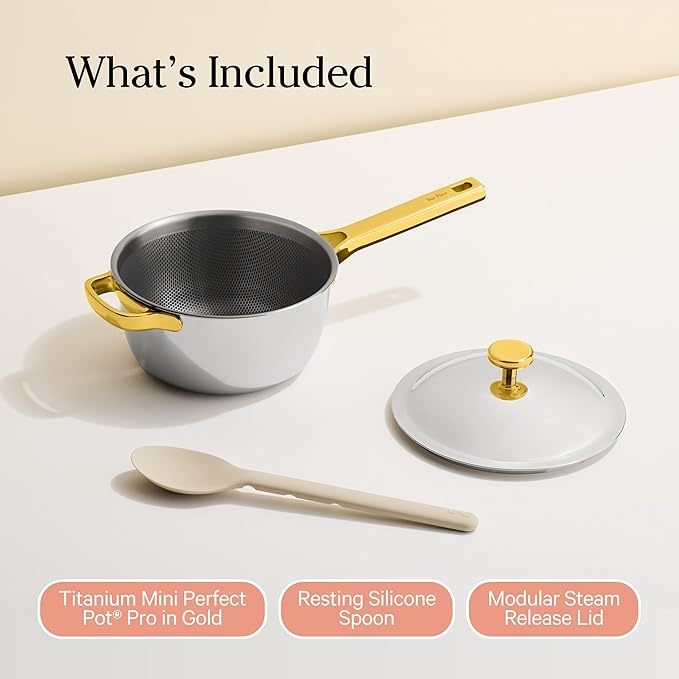 Our Place Mini Titanium Perfect Pot Pro | 2.75 Qt Cooking Pot with Lid & Silicone Spoon | PFAS-Free Nonstick, Fully-Clad Tri-Ply Stainless Steel & Aluminum | Induction & Oven-Safe up to 750°F | Gold