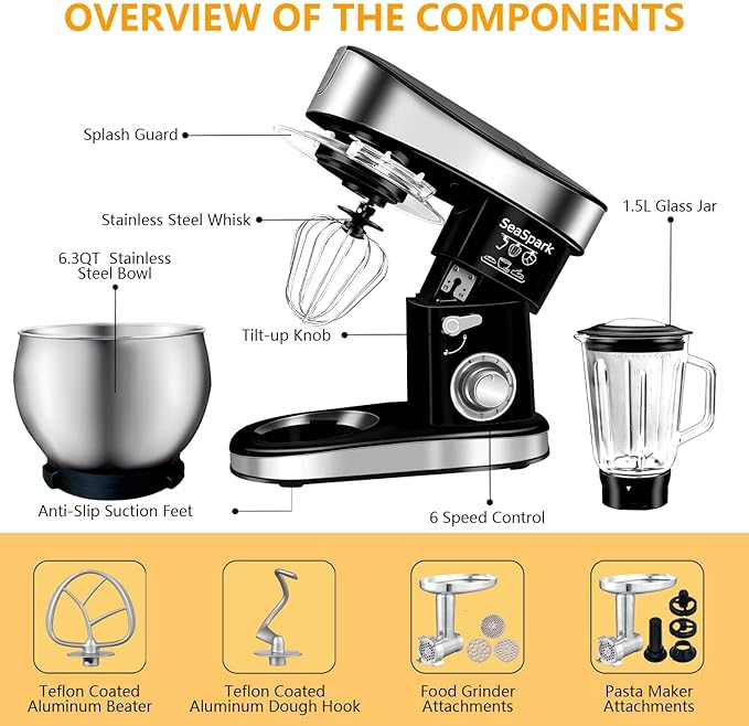 SeaSpark Multifunctional Stand Mixer, 6 in 1 Stand Mixer, 6.3Qt Tilt-head, Standing Mixer with Stainless Steel Bowl, Meat Grinder, Juice Blender, for professional Baking and Most Home Cooks, Black
