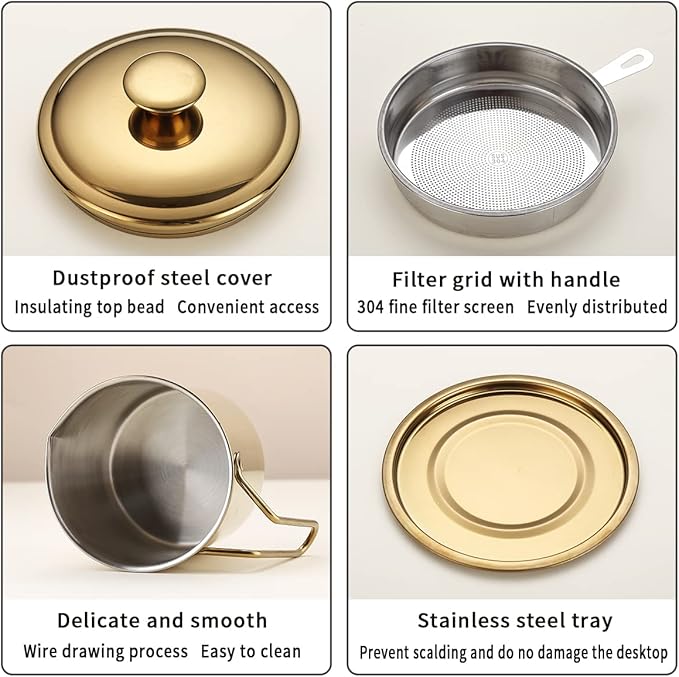 Berglander Gold Bacon Grease Container With Strainer 47oz/1.4L, Titanium Golden Plating Stainless Steel Oil Storage Container with Fine Mesh Strainer Dust-proof for Storing Frying Oil and Cooking Fat