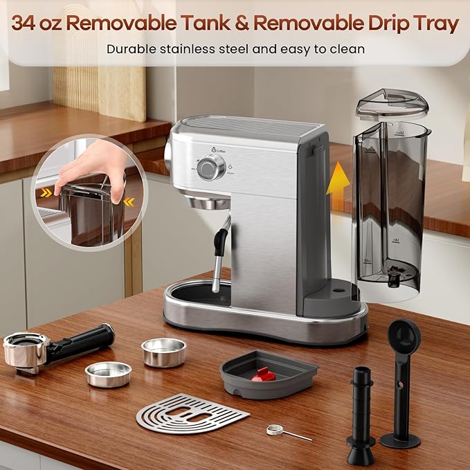 ANYCOLD Espresso Machine, 20 Bar Compact Espresso Maker with Steam Milk Frother, Stainless Steel Expresso Machines for Home, 34oz Removable Water Tank for Latte, Cappuccino, Silver