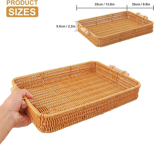 3 Pack 13.8 x 9.8 inch Rectangle Rattan Tray, Rectangle Woven Serving Basket with Handles, Storage Rattan Serving Trays for Home, Restaurant & Hotel Use, Durable & Easy-Cleaning