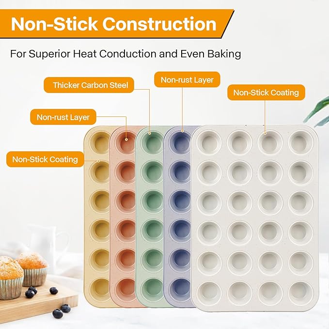 Spmarkt 2-Pack 24-cup Beige Miffin Pan, Non-Stick Cupcake Muffin Tin, Ceramic Coating Safe Baking Cupcake Pan