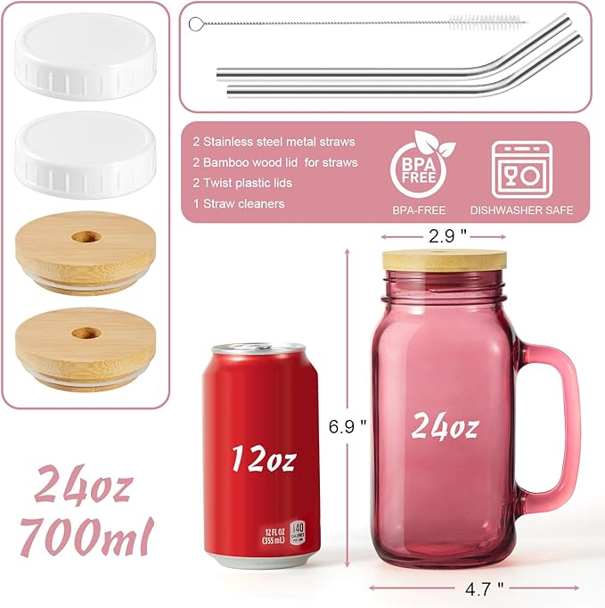 DRASTAR 24oz Drinking Glasses with Handle, Mason Jar with Lid and Straw, Mason Jars with Regular Mouth, Iced Coffee Cups, Pink