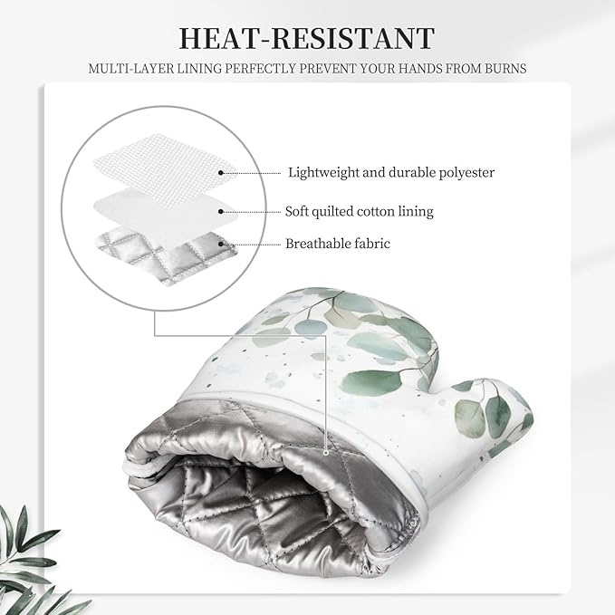 Sage Green Eucalyptus Silicone Oven Mitts and Pot Holders Sets Watercolor Leaves Kitchen Mitts Potholder Kitchen Accessories for Cooking Baking BBQ