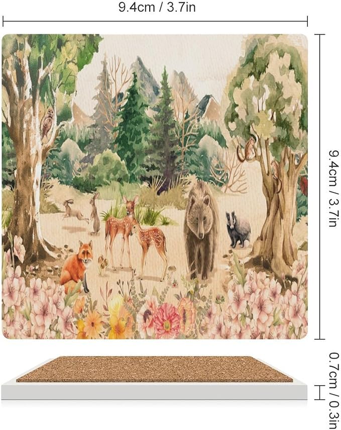 4PCS Forest Ceramic Coasters, Square Absorbent Drink Coasters, Retro Mountain Forest Nature Tree Woodland Flower Animal Bear, Deer Ceramic Table Coasters for Coffee, Beverage, Wine, Beer Coasters