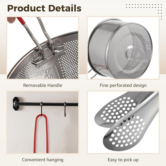 Stainless Steel Pasta Strainer Set with Food Clip, Include 7 in & 6.2 in Deep Fryer Basket, Removable Handle Strainer for Washing Draining Deep-frying Boiling Steaming