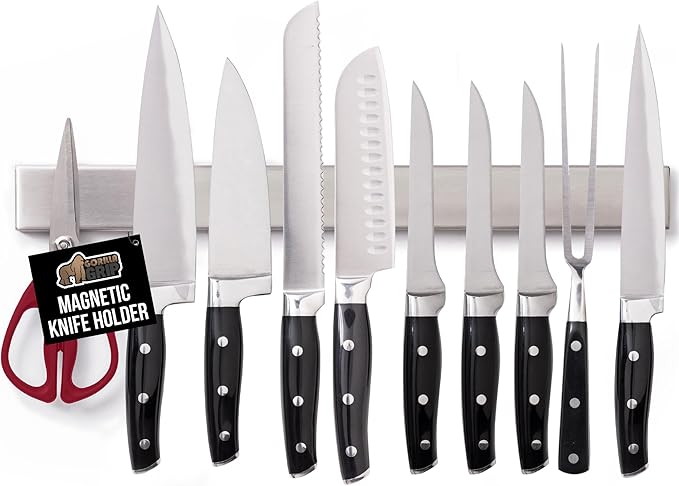 GORILLA GRIP Stainless Steel Magnetic Knife Holder for Wall, 18 in, Magnet Bar for Knives, Tools, Supplies, Heavy Duty Metal Strip Holds Up to 6 lbs, Kitchen Organizer, Non-Adhesive, Drilling Required