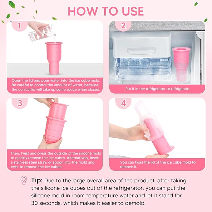 Ice Tray Mold for Stanley Cup, All-in-One Silicone Hollow Cylinder Ice Mold for Tumbler Stanley Cups 30 Oz-40 Oz,Easy Release Ice Cube Tray for Juice Coffee Whiskey Cocktail-Pink