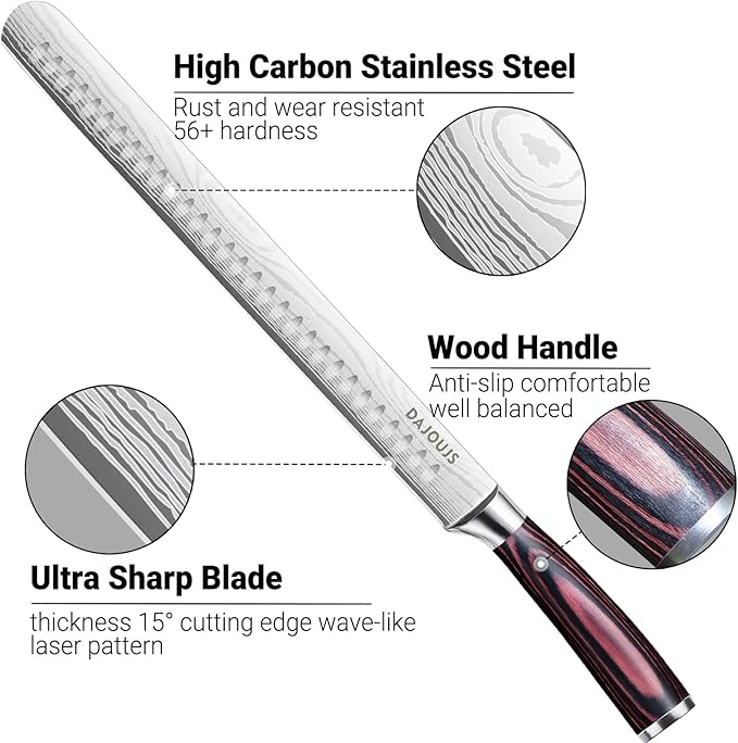 Brisket Knife Meat Carving Knives - 12 Inch Ultra Sharp High Carbon Steel Kitchen Carving Slicing Knife with Ergonomic Wood Handle & Gift Box for Turkey, Meat Cutting, BBQ