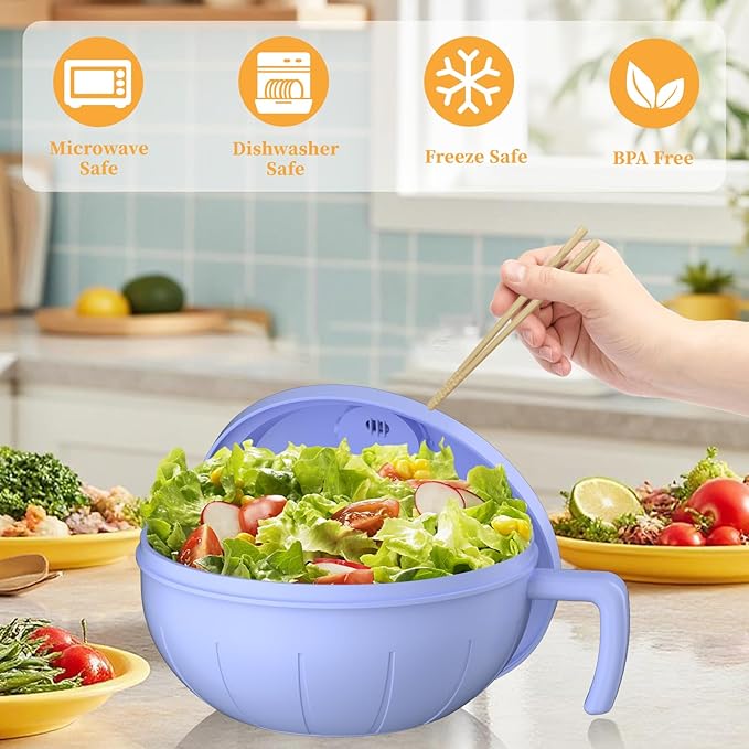 steo spce Large Ramen Bowl Set, 40 Oz Microwaveable Noodle Cooker with Leak-Proof Lids, Chopsticks, Spoon & Fork – Portable and Dishwasher Safe, Ideal for Home, Office, Dorm, or Gift Light (Purple)