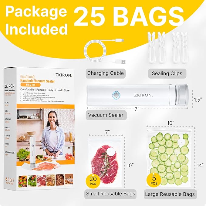 OneTouch Handheld Vacuum Sealer with 25 Reusable Vacuum Bags – Portable & Compact, Food Saver Vacuum Sealer with Detachable Transparent Suction for Meal Prep, Sous Vide, Travel & Kitchen