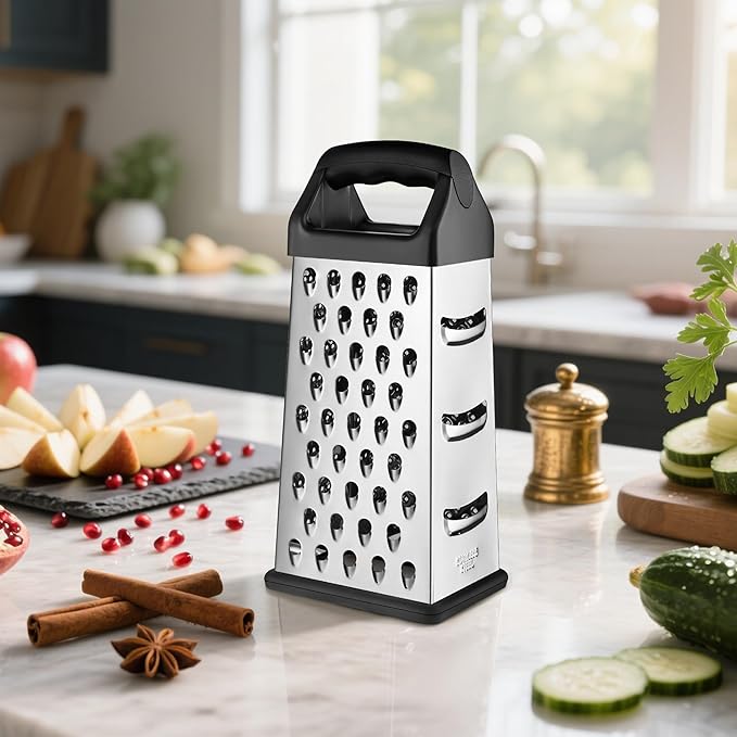 Cheese Grater, 9 IN Size 4-Sided Stainless Steel Grater, Food Shredder for Cheese, Parmesan, Vegetable, Dishwasher Safe, Black