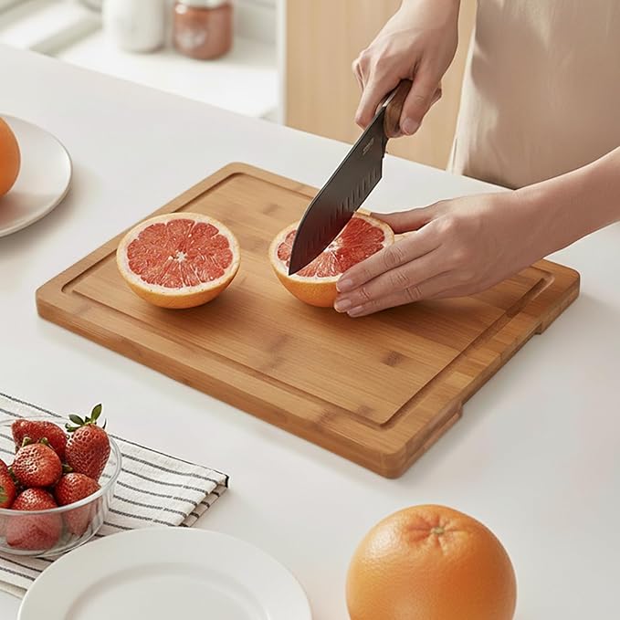 Tafopue Bamboo Cutting Board, Large Kitchen Chopping Board with Deep Juice Groove & Built-in Handle, Reversible Wooden Charcuterie Board and Serving Tray for Meat, Bread, Fruit, Daily Use, 16×11×0.6''