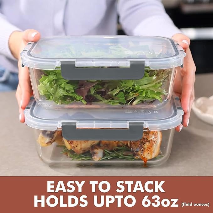 Razab 4 Pcs 1860ml / 63 Oz Large Glass Food Storage Containers with Lids - Glass Meal Prep Containers with Locking Lids for Roasting, Storing Leftover, Lunch Container, BPA Free, Microwave & Oven Safe