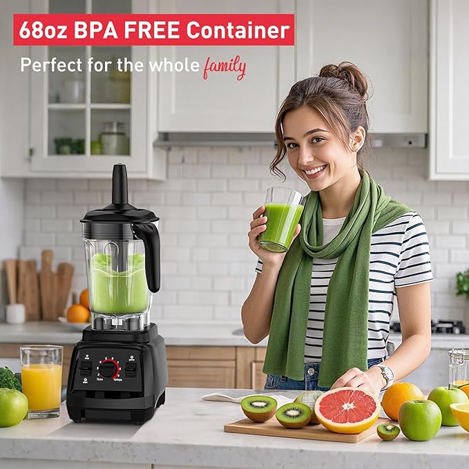 JUSANTE Smoothie Blender, 1800W Countertop Professional Blender Juicer for Kitchen Ice Crusher or Juice, Milkshake, Dessert (Black)