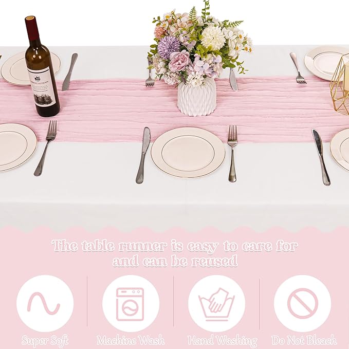 10 Pack Light Pink Cheesecloth Table Runner 10FT Boho Gauze Fabric Table Runner Vintage Rustic Sheer Runners for Wedding Party Bridal Baby Shower Long Table Decorations