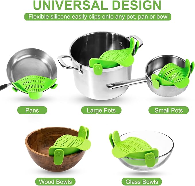 Universal Clip On Pot Strainer - Heat Resistant Silicone Snap-on Drainer & Colander for Pasta, Grease & Vegetables, Hands-Free Kitchen Gadget for Pans & Bowls, Space-Saving & Dishwasher Safe