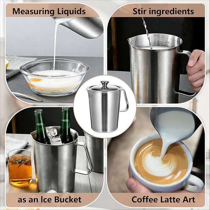 Large Stainless Steel Pitcher with Lid, 8.5 Cup Milk Frothing Jug with Handle，70 oz Metal Measuring Cup，2 L Water Pitcher for Espresso Machines, Latte Art, Iced Tea, Hot and Cold Water (70 oz, A)