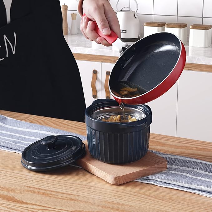 ONTUBE Ceramic Bacon Grease Container Keeper with Strainer, Frying Oil Storage Can, Navy
