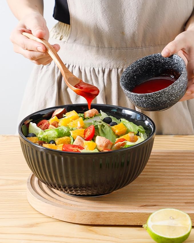HASENSE Small Mixing Bowls of 3, Porcelain Ribbed Black Bowls 1.5/1/0.5 Qt For Kitchen, Cooking, Baking and Serving Prep Bowls for Salad, Pasta, Modern Kitchen Dish Dishwasher & Microwave Safe