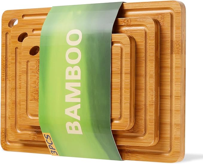 Garvee Bamboo Cutting Board Set of 3, Multi-Sizes Kitchen Cutting Boards with Deep Juice Grooves & Built-in Handle, Wooden Chopping Boards for Charcuterie, Vegetables & Fruit