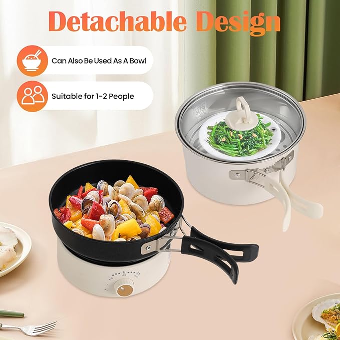 Portable Electric Hot Pot,500W Mini Electric Cooker w/Foldable Handles & Steamer,Non-stick Frying Pan,Multi-Functional Ramen Noodle Cooker Power Adjustment for Steaks,Soup,Pasta (White)
