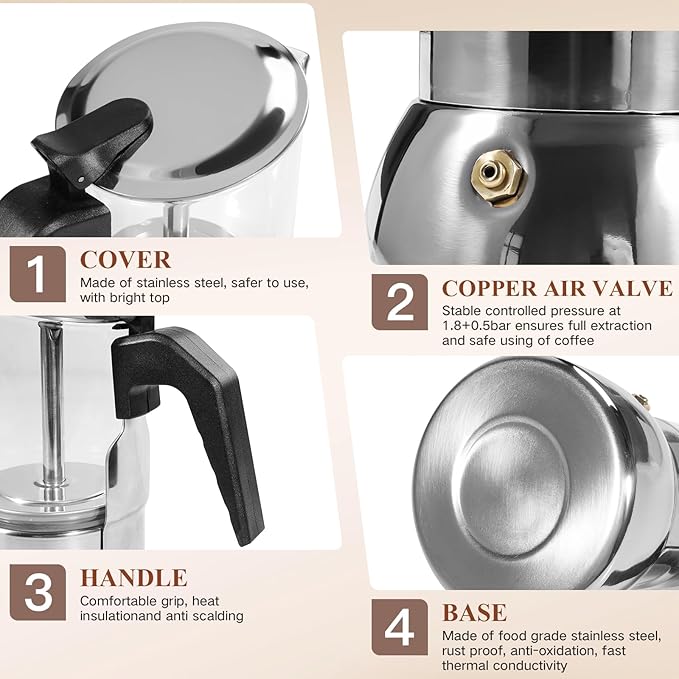Newdehanm Stovetop Espresso Moka Pot, Crystal Glass-Top & Stainless Steel Italian Coffee maker, 300ml(6cup) (silver)