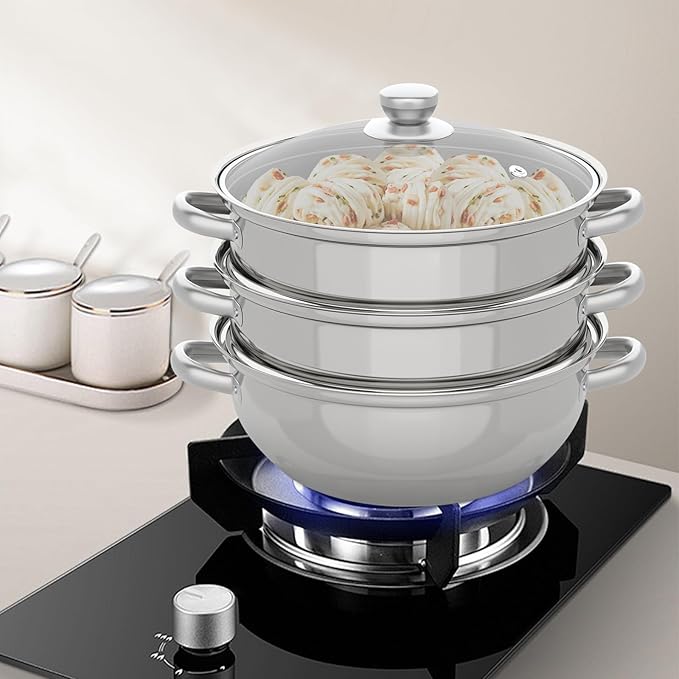 Steamer for Cooking, 11Inch 5.0 Quarts Stainless Steel Steamer Pot, 3-Tier Food Steam Pots with Lid for Cooking Vegetables, Seafood, Soups, Stews and Pasta, polished