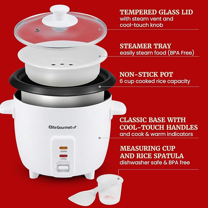 Elite Gourmet Electric Rice Cooker with Steam Tray and Non-Stick Inner Pot Makes Soups, Stews, Grains, Cereals, Keep Warm Feature, 6 Cups Cooked (3 Cups Uncooked), White