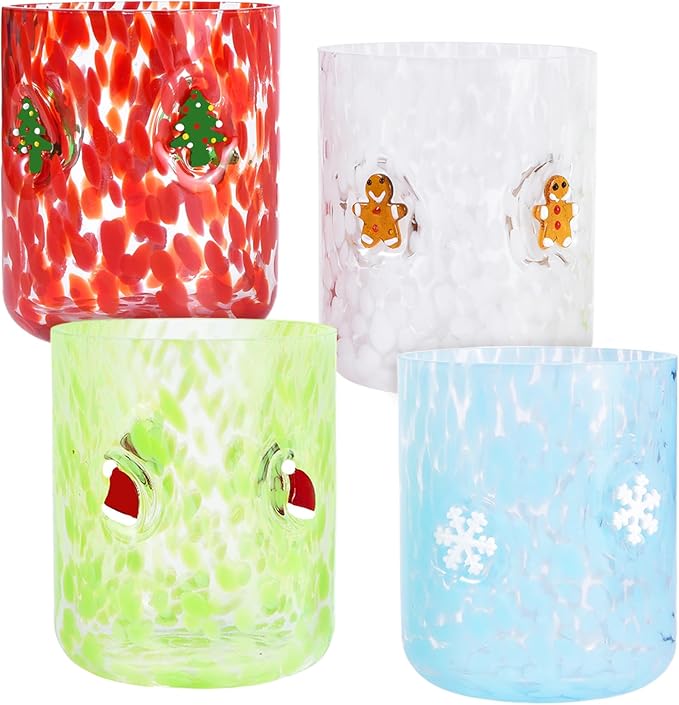 4 PCS 14 Ounce Christmas Icon Juice Glasses,Christmas Drinking Cups,Four Colors and Patterns,Strong and Durable Glasses Are The Great Gifts for Friends!
