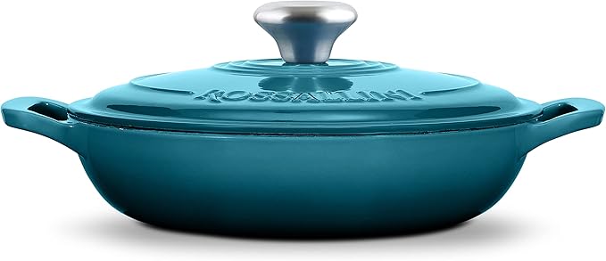 ROSSALLINI Signature Enameled Cast Iron Braiser, Non-Stick Serving Pot with Tight Fitting Lid for Perfect Roasting, Baking, Sauteing, Searing, and Pan Frying | 2.25Q (2.1L) - Ocean Blue