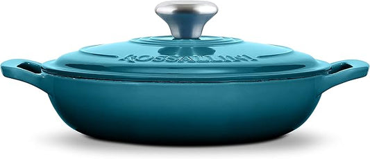 ROSSALLINI Signature Enameled Cast Iron Braiser, Non-Stick Serving Pot with Tight Fitting Lid for Perfect Roasting, Baking, Sauteing, Searing, and Pan Frying | 2.25Q (2.1L) - Ocean Blue