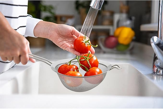 HIC Kitchen Fine Double Mesh Strainer, 18/8 Stainless Steel, 7-Inch, For Sifting Baking Ingredients, Straining, And Draining Stocks, Soups, And Sauces