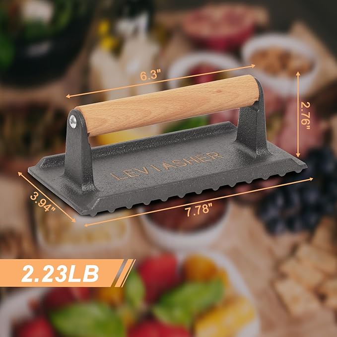2.2 lb Handheld Heavy Duty Cast Iron Grill Press, 7.8X3.9 inch Rectangle Burger Press with Wood Handle for Blackstone, Griddle, Chef, Camp, Panini, Vegetable, Bacon, Sandwich, BBQ, 2 Pack