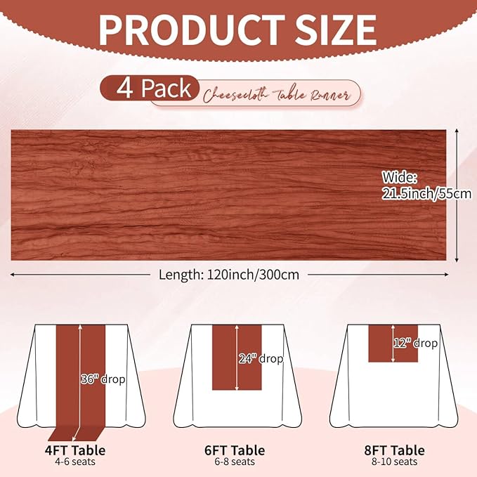 4 Pack Terracotta Cheesecloth Table Runner 10Ft, Fall Table Runner 21.5 x 120 inch, Burnt Orange Semi Sheer Cheese Cloth Fabric Thanksgiving Runner Bulk for Wedding,Party,Bridal Shower