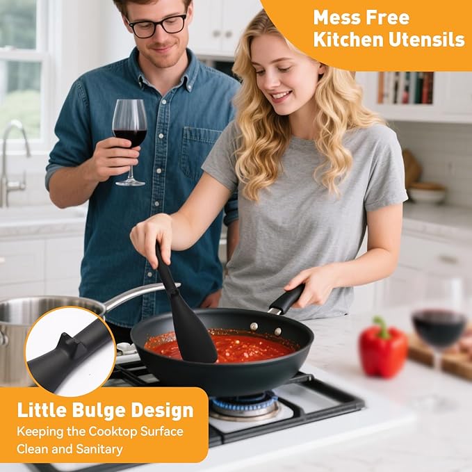 Multifunction Cooking Spoons for Nonstick Cookware, Seamless Design Silicone Spatula Spoon for Mixing, Scoop and Scrape, Dishwasher Safe, 2 Pack, Black