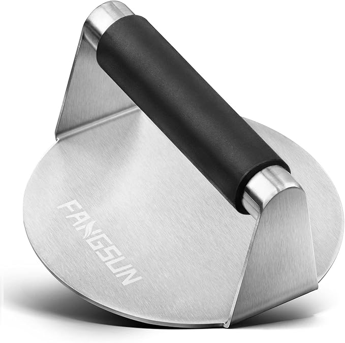 FANGSUN Burger Press with Anti-Scald Handle, 5.8 Inch Stainless Steel Burger Smasher, Round Non-Stick Hamburger Press for Griddle, Griddle Accessories Kit for Flat Grill Cooking, Gift Package