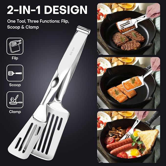 Nezylaf Kitchen Tongs 11.8 Inch 304 Stainless Steel, 2-in-1 Detachable Design | Tongs for Cooking Grilling Frying | Multi-Function Spatula Tongs with Oil Drain Holes